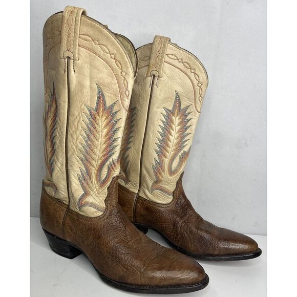Vintage Rainbow Stitch Tony Lama Cowboy Boots Brown Leather USA 1617 L 9.5M - Picture 4 of 11